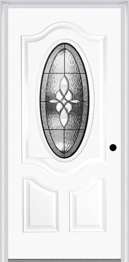 MMI SMALL OVAL 2 PANEL DELUXE 6'8" FIBERGLASS SMOOTH LUMIERE PATINA DECORATIVE GLASS EXTERIOR PREHUNG DOOR 749