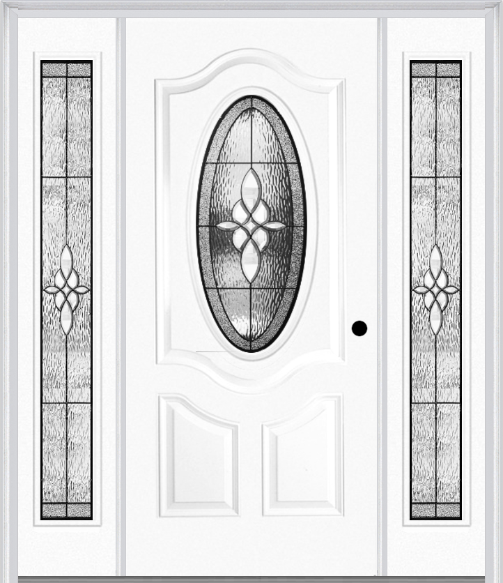 MMI SMALL OVAL 2 PANEL DELUXE 6'8" FIBERGLASS SMOOTH LUMIERE PATINA EXTERIOR PREHUNG DOOR WITH 2 FULL LITE LUMIERE PATINA DECORATIVE GLASS SIDELIGHTS 749