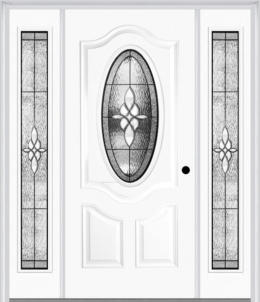 MMI SMALL OVAL 2 PANEL DELUXE 6'8" FIBERGLASS SMOOTH LUMIERE PATINA EXTERIOR PREHUNG DOOR WITH 2 FULL LITE LUMIERE PATINA DECORATIVE GLASS SIDELIGHTS 749