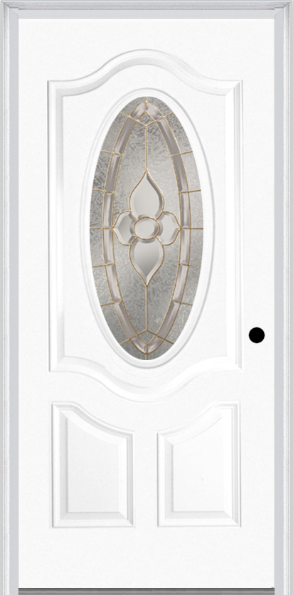 MMI Small Oval 2 Panel Deluxe 6'8" Fiberglass Smooth Nouveau Nickel Or Nouveau Patina Decorative Glass Exterior Prehung Door 749