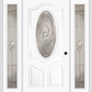 MMI SMALL OVAL 2 PANEL DELUXE 6'8" FIBERGLASS SMOOTH NOUVEAU NICKEL OR NOUVEAU PATINA EXTERIOR PREHUNG DOOR WITH 2 FULL LITE NOUVEAU BRASS/NICKEL/PATINA DECORATIVE GLASS SIDELIGHTS 749