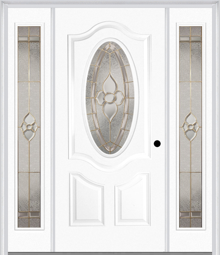 MMI SMALL OVAL 2 PANEL DELUXE 6'8" FIBERGLASS SMOOTH NOUVEAU NICKEL OR NOUVEAU PATINA EXTERIOR PREHUNG DOOR WITH 2 FULL LITE NOUVEAU BRASS/NICKEL/PATINA DECORATIVE GLASS SIDELIGHTS 749