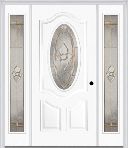 MMI SMALL OVAL 2 PANEL DELUXE 6'8" FIBERGLASS SMOOTH NOUVEAU NICKEL OR NOUVEAU PATINA EXTERIOR PREHUNG DOOR WITH 2 FULL LITE NOUVEAU BRASS/NICKEL/PATINA DECORATIVE GLASS SIDELIGHTS 749