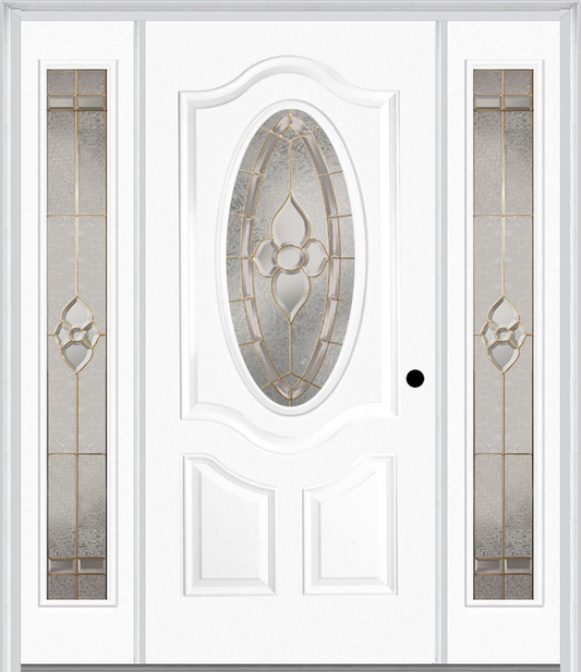 MMI SMALL OVAL 2 PANEL DELUXE 6'8" FIBERGLASS SMOOTH NOUVEAU NICKEL OR NOUVEAU PATINA EXTERIOR PREHUNG DOOR WITH 2 FULL LITE NOUVEAU BRASS/NICKEL/PATINA DECORATIVE GLASS SIDELIGHTS 749