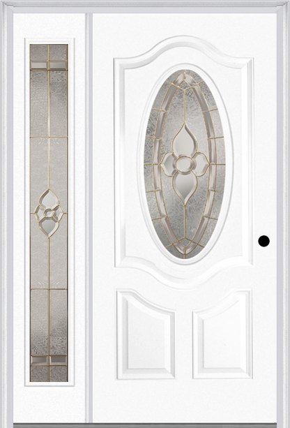 MMI Small Oval 2 Panel Deluxe 3'0" X 6'8" Fiberglass Smooth Nouveau Nickel Or Nouveau Patina Exterior Prehung Door With 1 Full Lite Nouveau Brass/Nickel/Patina Decorative Glass Sidelight 749