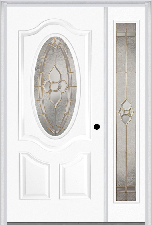 MMI Small Oval 2 Panel Deluxe 3'0" X 6'8" Fiberglass Smooth Nouveau Nickel Or Nouveau Patina Exterior Prehung Door With 1 Full Lite Nouveau Brass/Nickel/Patina Decorative Glass Sidelight 749