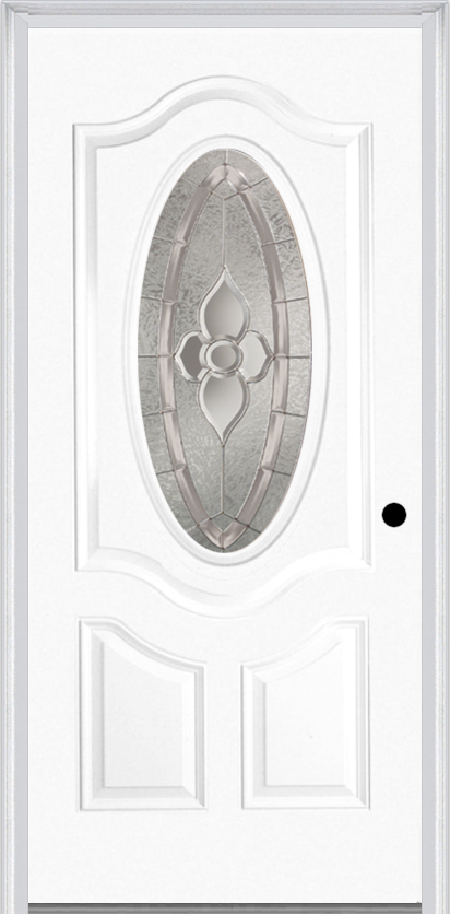 MMI Small Oval 2 Panel Deluxe 6'8" Fiberglass Smooth Nouveau Nickel Or Nouveau Patina Decorative Glass Exterior Prehung Door 749