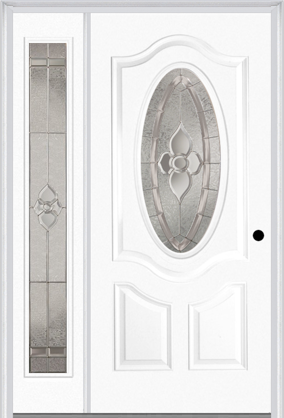 MMI Small Oval 2 Panel Deluxe 3'0" X 6'8" Fiberglass Smooth Nouveau Nickel Or Nouveau Patina Exterior Prehung Door With 1 Full Lite Nouveau Brass/Nickel/Patina Decorative Glass Sidelight 749