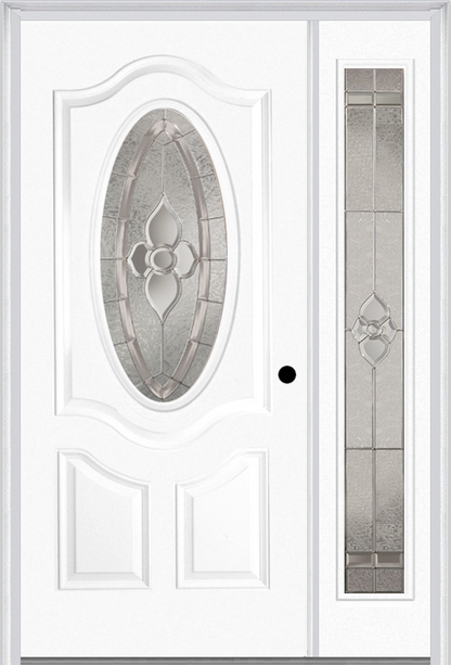 MMI SMALL OVAL 2 PANEL DELUXE 3'0" X 6'8" FIBERGLASS SMOOTH NOUVEAU BRASS, NOUVEAU NICKEL, OR NOUVEAU PATINA EXTERIOR PREHUNG DOOR WITH 1 FULL LITE NOUVEUA BRASS/NICKEL/PATINA DECORATIVE GLASS SIDELIGHT 749
