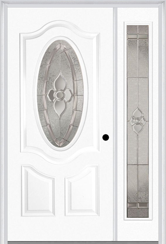 MMI Small Oval 2 Panel Deluxe 3'0" X 6'8" Fiberglass Smooth Nouveau Nickel Or Nouveau Patina Exterior Prehung Door With 1 Full Lite Nouveau Brass/Nickel/Patina Decorative Glass Sidelight 749