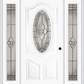 MMI SMALL OVAL 2 PANEL DELUXE 6'8" FIBERGLASS SMOOTH NOUVEAU NICKEL OR NOUVEAU PATINA EXTERIOR PREHUNG DOOR WITH 2 FULL LITE NOUVEAU BRASS/NICKEL/PATINA DECORATIVE GLASS SIDELIGHTS 749
