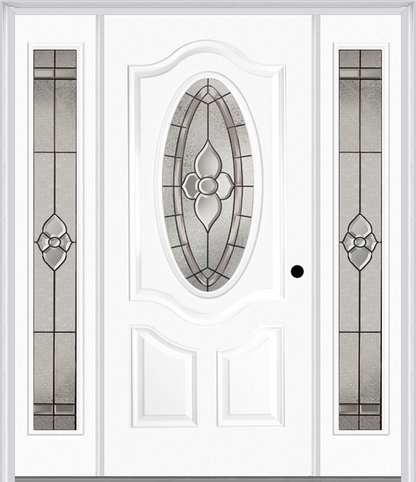 MMI SMALL OVAL 2 PANEL DELUXE 6'8" FIBERGLASS SMOOTH NOUVEAU NICKEL OR NOUVEAU PATINA EXTERIOR PREHUNG DOOR WITH 2 FULL LITE NOUVEAU BRASS/NICKEL/PATINA DECORATIVE GLASS SIDELIGHTS 749