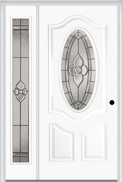 MMI Small Oval 2 Panel Deluxe 3'0" X 6'8" Fiberglass Smooth Nouveau Nickel Or Nouveau Patina Exterior Prehung Door With 1 Full Lite Nouveau Brass/Nickel/Patina Decorative Glass Sidelight 749