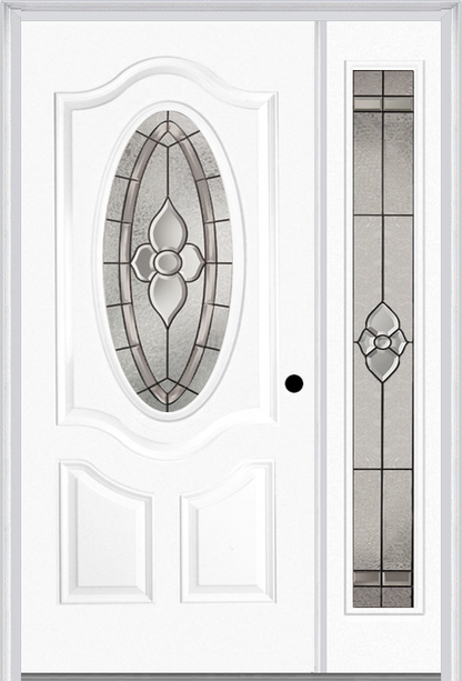 MMI Small Oval 2 Panel Deluxe 3'0" X 6'8" Fiberglass Smooth Nouveau Nickel Or Nouveau Patina Exterior Prehung Door With 1 Full Lite Nouveau Brass/Nickel/Patina Decorative Glass Sidelight 749