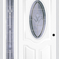 MMI SMALL OVAL 2 PANEL DELUXE 3'0" X 6'8" FIBERGLASS SMOOTH RADIANT HUES NICKEL EXTERIOR PREHUNG DOOR WITH 1 FULL LITE RADIANT HUES NICKEL DECORATIVE GLASS SIDELIGHT 749