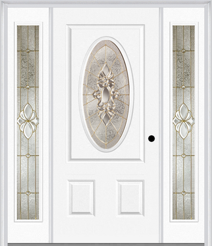 MMI SMALL OVAL 2 PANEL 6'8" FIBERGLASS SMOOTH HEIRLOOMS BRASS OR HEIRLOOMS SATIN NICKEL EXTERIOR PREHUNG DOOR WITH 2 FULL LITE HEIRLOOMS BRASS/SATIN NICKEL DECORATIVE GLASS SIDELIGHTS 949