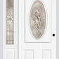 MMI SMALL OVAL 2 PANEL 3'0" X 6'8" FIBERGLASS SMOOTH HEIRLOOMS BRASS OR HEIRLOOMS SATIN NICKEL EXTERIOR PREHUNG DOOR WITH 1 HEIRLOOMS BRASS/SATIN NICKEL 3/4 LITE DECORATIVE GLASS SIDELIGHT 949