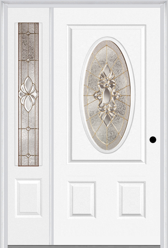 MMI Small Oval 2 Panel 3'0" X 6'8" Fiberglass Smooth Heirlooms Brass Or Heirlooms Satin Nickel Exterior Prehung Door With 1 Heirlooms Brass/Satin Nickel 3/4 Lite Decorative Glass Sidelight 949