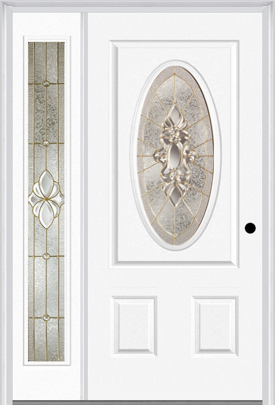 MMI Small Oval 2 Panel 3'0" X 6'8" Fiberglass Smooth Heirlooms Brass Or Heirlooms Satin Nickel Exterior Prehung Door With 1 Full Lite Heirlooms Brass/Satin Nickel Decorative Glass Sidelight 949