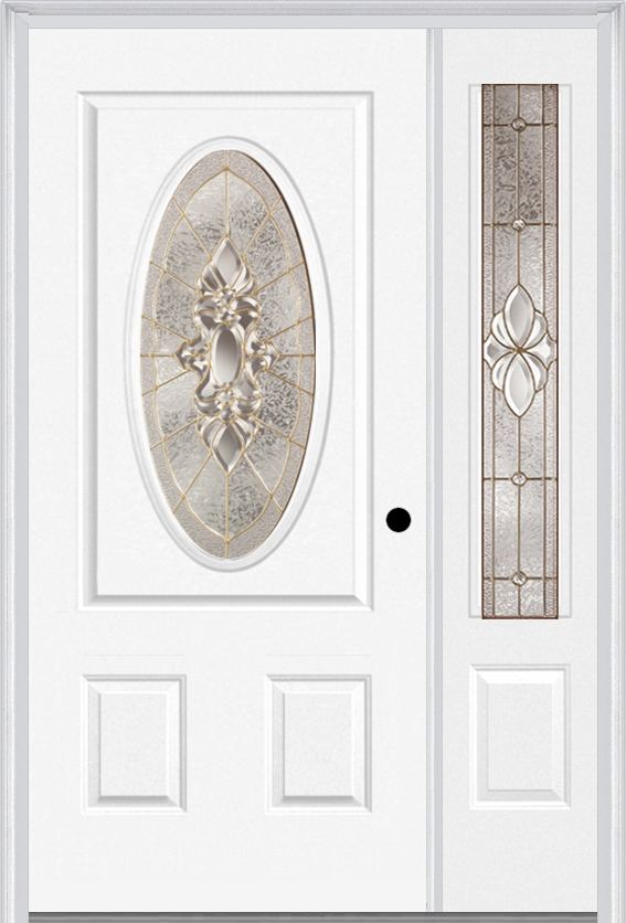 MMI Small Oval 2 Panel 3'0" X 6'8" Fiberglass Smooth Heirlooms Brass Or Heirlooms Satin Nickel Exterior Prehung Door With 1 Heirlooms Brass/Satin Nickel 3/4 Lite Decorative Glass Sidelight 949