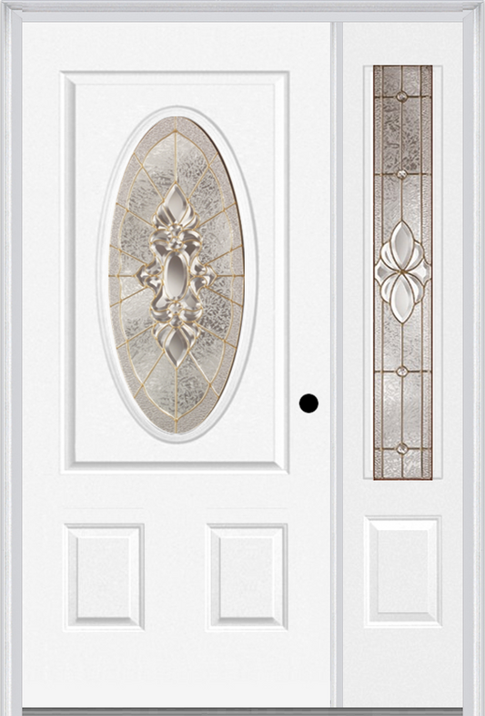 MMI Small Oval 2 Panel 3'0" X 6'8" Fiberglass Smooth Heirlooms Brass Or Heirlooms Satin Nickel Exterior Prehung Door With 1 Heirlooms Brass/Satin Nickel 3/4 Lite Decorative Glass Sidelight 949