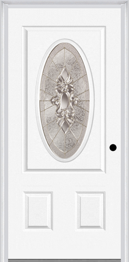 MMI Small Oval 2 Panel 6'8" Fiberglass Smooth Heirlooms Brass Or Heirlooms Satin Nickel Decorative Glass Exterior Prehung Door 949