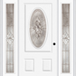MMI SMALL OVAL 2 PANEL 6'8" FIBERGLASS SMOOTH HEIRLOOMS BRASS OR HEIRLOOMS SATIN NICKEL EXTERIOR PREHUNG DOOR WITH 2 FULL LITE HEIRLOOMS BRASS/SATIN NICKEL DECORATIVE GLASS SIDELIGHTS 949