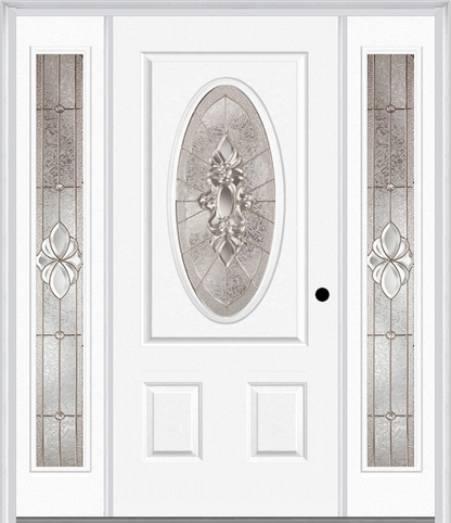 MMI SMALL OVAL 2 PANEL 6'8" FIBERGLASS SMOOTH HEIRLOOMS BRASS OR HEIRLOOMS SATIN NICKEL EXTERIOR PREHUNG DOOR WITH 2 FULL LITE HEIRLOOMS BRASS/SATIN NICKEL DECORATIVE GLASS SIDELIGHTS 949