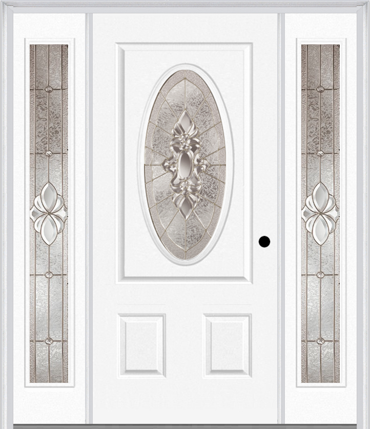 MMI SMALL OVAL 2 PANEL 6'8" FIBERGLASS SMOOTH HEIRLOOMS BRASS OR HEIRLOOMS SATIN NICKEL EXTERIOR PREHUNG DOOR WITH 2 FULL LITE HEIRLOOMS BRASS/SATIN NICKEL DECORATIVE GLASS SIDELIGHTS 949