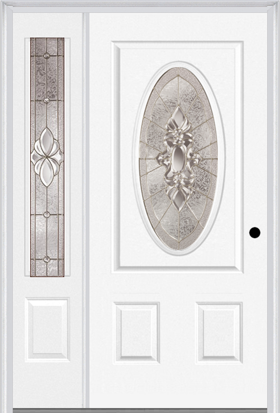 MMI Small Oval 2 Panel 3'0" X 6'8" Fiberglass Smooth Heirlooms Brass Or Heirlooms Satin Nickel Exterior Prehung Door With 1 Heirlooms Brass/Satin Nickel 3/4 Lite Decorative Glass Sidelight 949