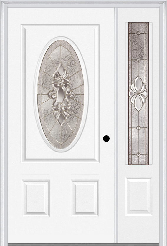 MMI Small Oval 2 Panel 3'0" X 6'8" Fiberglass Smooth Heirlooms Brass Or Heirlooms Satin Nickel Exterior Prehung Door With 1 Heirlooms Brass/Satin Nickel 3/4 Lite Decorative Glass Sidelight 949