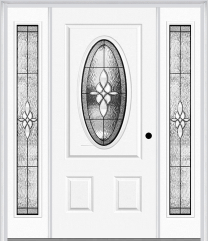 MMI SMALL OVAL 2 PANEL 6'8" FIBERGLASS SMOOTH LUMIERE PATINA EXTERIOR PREHUNG DOOR WITH 2 FULL LITE LUMIERE PATINA DECORATIVE GLASS SIDELIGHTS 949