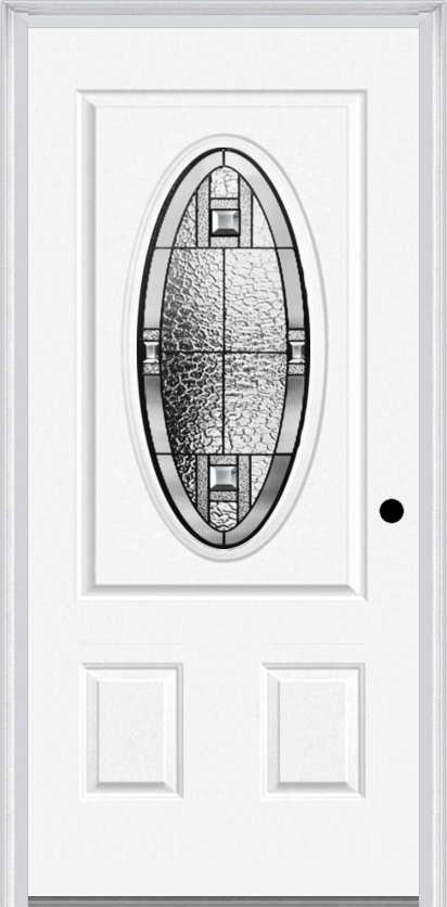MMI SMALL OVAL 2 PANEL 6'8" FIBERGLASS SMOOTH NOBLE PATINA DECORATIVE GLASS EXTERIOR PREHUNG DOOR 949