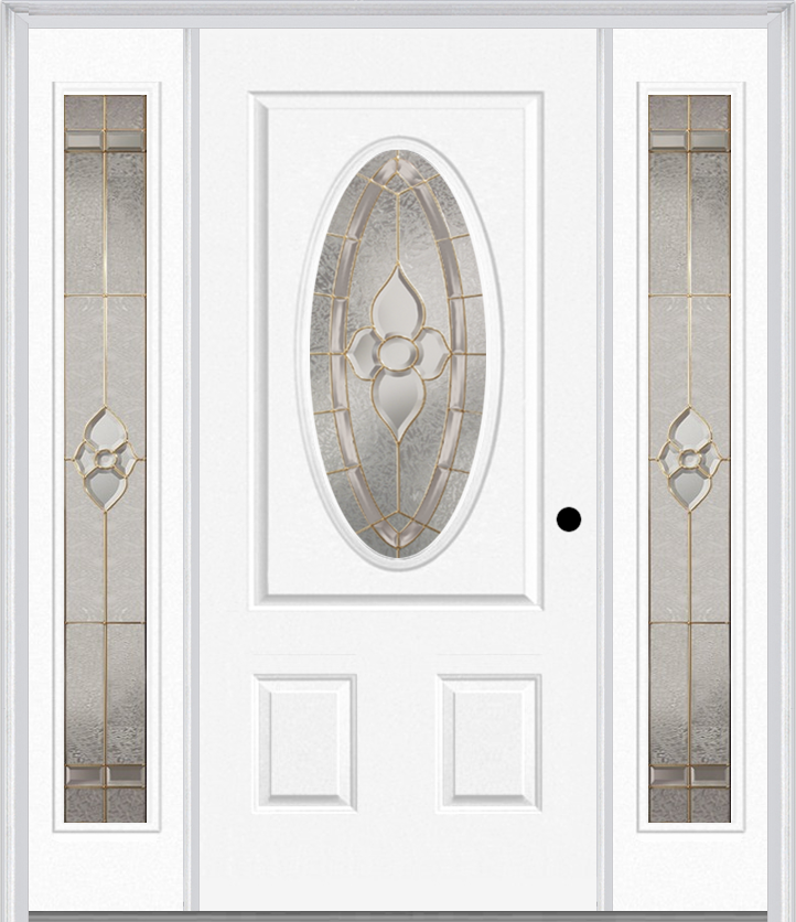 MMI SMALL OVAL 2 PANEL 6'8" FIBERGLASS SMOOTH NOUVEAU NICKEL OR NOUVEAU PATINA EXTERIOR PREHUNG DOOR WITH 2 FULL LITE NOUVEAU BRASS/NICKEL/PATINA DECORATIVE GLASS SIDELIGHTS 949