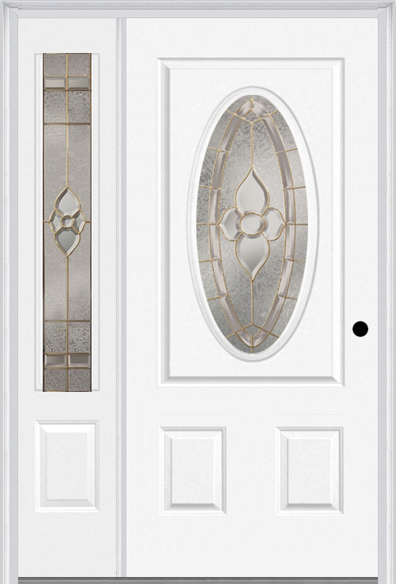 MMI Small Oval 2 Panel 3'0" X 6'8" Fiberglass Smooth Nouveau Nickel Or Nouveau Patina Exterior Prehung Door With 1 Nouveau Brass/Nickel/Patina 3/4 Lite Decorative Glass Sidelight 949