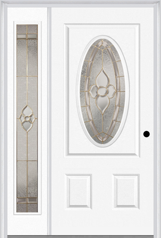 MMI Small Oval 2 Panel 3'0" X 6'8" Fiberglass Smooth Nouveau Nickel Or Nouveau Patina Exterior Prehung Door With 1 Full Lite Nouveau Brass/Nickel/Patina Decorative Glass Sidelight 949