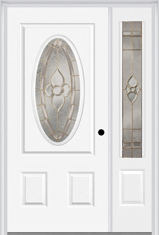 MMI Small Oval 2 Panel 3'0" X 6'8" Fiberglass Smooth Nouveau Nickel Or Nouveau Patina Exterior Prehung Door With 1 Nouveau Brass/Nickel/Patina 3/4 Lite Decorative Glass Sidelight 949