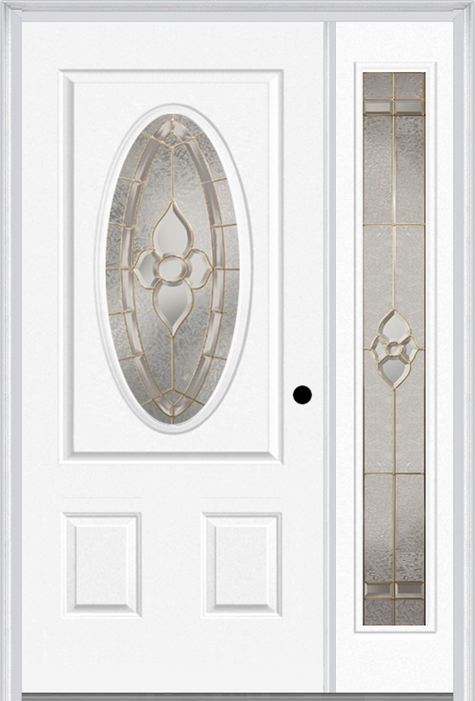 MMI Small Oval 2 Panel 3'0" X 6'8" Fiberglass Smooth Nouveau Nickel Or Nouveau Patina Exterior Prehung Door With 1 Full Lite Nouveau Brass/Nickel/Patina Decorative Glass Sidelight 949