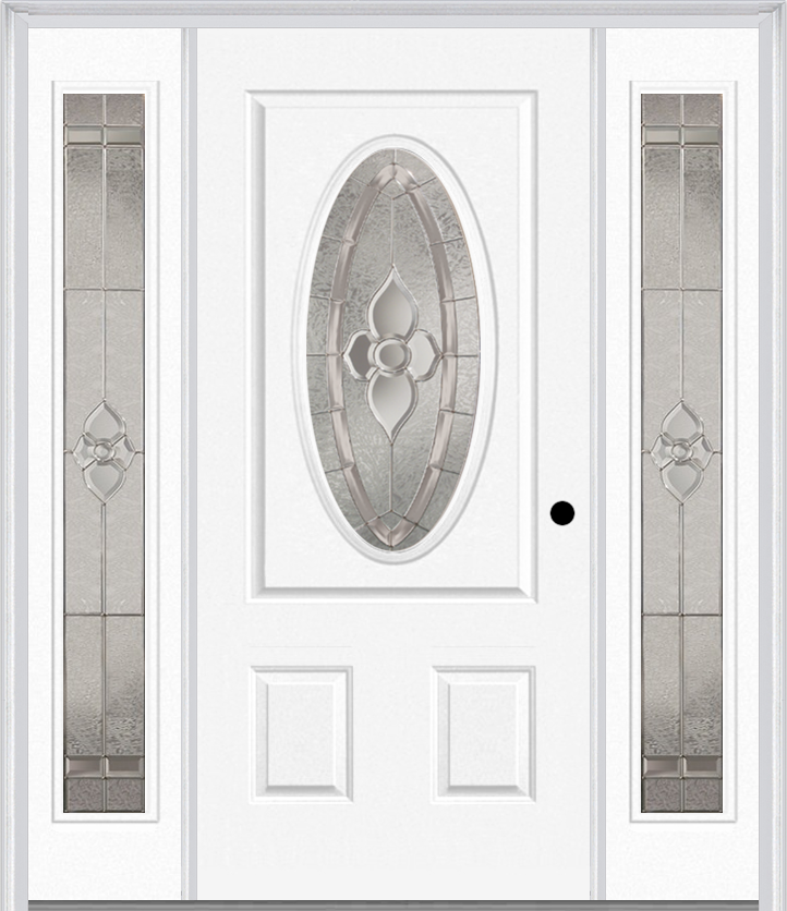 MMI SMALL OVAL 2 PANEL 6'8" FIBERGLASS SMOOTH NOUVEAU NICKEL OR NOUVEAU PATINA EXTERIOR PREHUNG DOOR WITH 2 FULL LITE NOUVEAU BRASS/NICKEL/PATINA DECORATIVE GLASS SIDELIGHTS 949