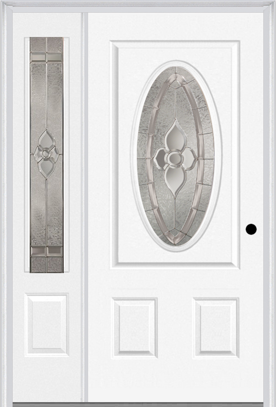 MMI Small Oval 2 Panel 3'0" X 6'8" Fiberglass Smooth Nouveau Nickel Or Nouveau Patina Exterior Prehung Door With 1 Nouveau Brass/Nickel/Patina 3/4 Lite Decorative Glass Sidelight 949