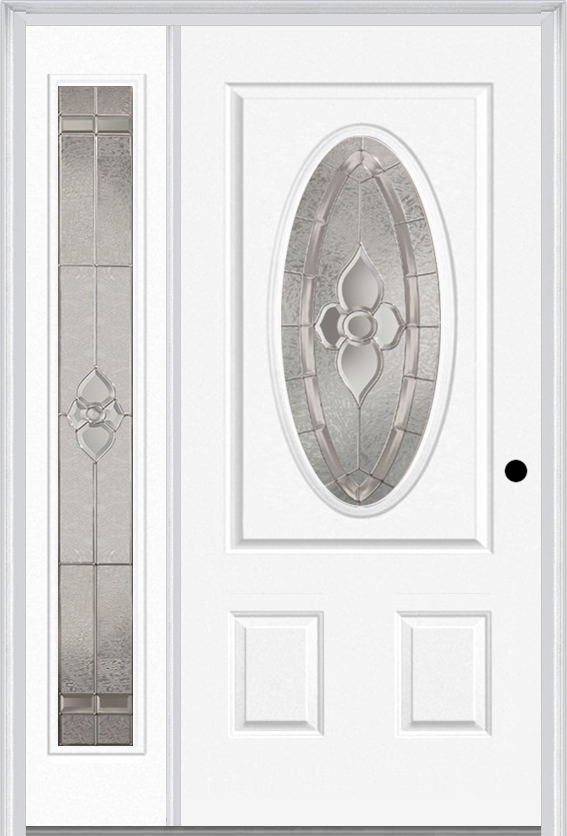 MMI Small Oval 2 Panel 3'0" X 6'8" Fiberglass Smooth Nouveau Nickel Or Nouveau Patina Exterior Prehung Door With 1 Full Lite Nouveau Brass/Nickel/Patina Decorative Glass Sidelight 949