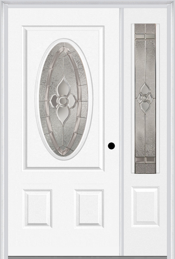 MMI Small Oval 2 Panel 3'0" X 6'8" Fiberglass Smooth Nouveau Nickel Or Nouveau Patina Exterior Prehung Door With 1 Nouveau Brass/Nickel/Patina 3/4 Lite Decorative Glass Sidelight 949