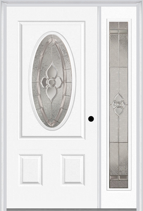 MMI Small Oval 2 Panel 3'0" X 6'8" Fiberglass Smooth Nouveau Nickel Or Nouveau Patina Exterior Prehung Door With 1 Full Lite Nouveau Brass/Nickel/Patina Decorative Glass Sidelight 949