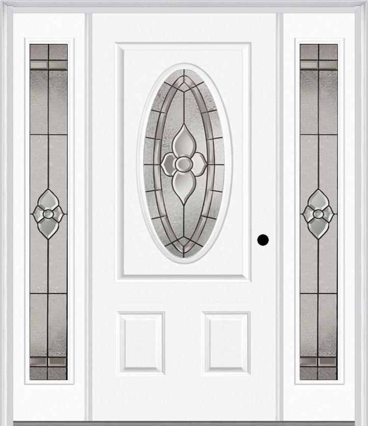 MMI SMALL OVAL 2 PANEL 6'8" FIBERGLASS SMOOTH NOUVEAU NICKEL OR NOUVEAU PATINA EXTERIOR PREHUNG DOOR WITH 2 FULL LITE NOUVEAU BRASS/NICKEL/PATINA DECORATIVE GLASS SIDELIGHTS 949