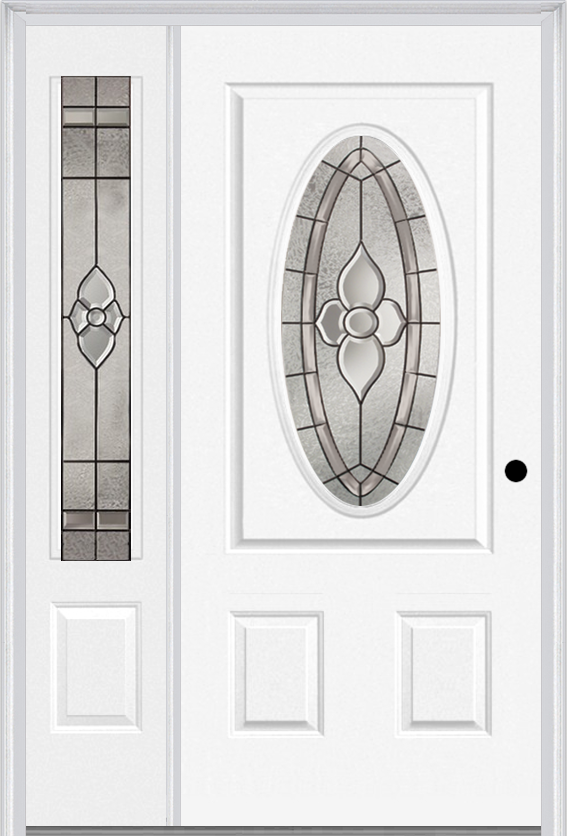 MMI Small Oval 2 Panel 3'0" X 6'8" Fiberglass Smooth Nouveau Nickel Or Nouveau Patina Exterior Prehung Door With 1 Nouveau Brass/Nickel/Patina 3/4 Lite Decorative Glass Sidelight 949