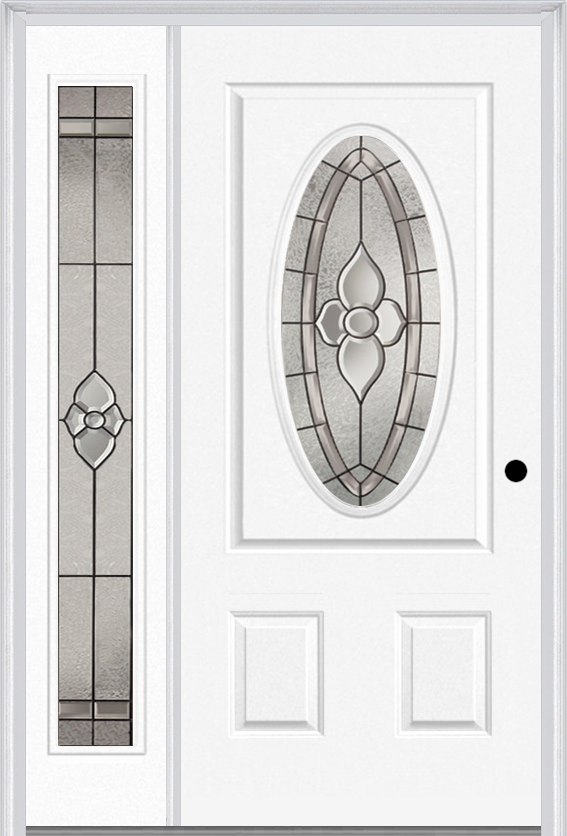 MMI Small Oval 2 Panel 3'0" X 6'8" Fiberglass Smooth Nouveau Nickel Or Nouveau Patina Exterior Prehung Door With 1 Full Lite Nouveau Brass/Nickel/Patina Decorative Glass Sidelight 949