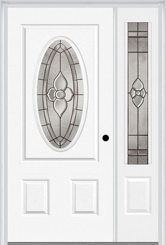 MMI Small Oval 2 Panel 3'0" X 6'8" Fiberglass Smooth Nouveau Nickel Or Nouveau Patina Exterior Prehung Door With 1 Nouveau Brass/Nickel/Patina 3/4 Lite Decorative Glass Sidelight 949
