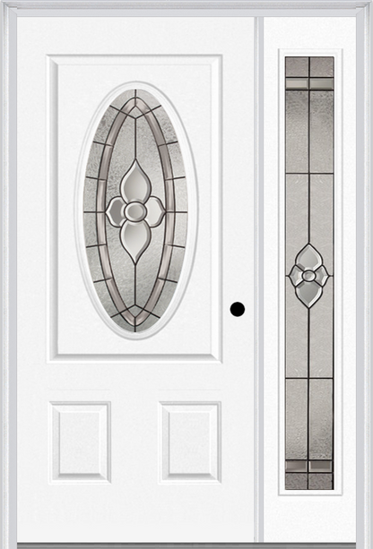 MMI Small Oval 2 Panel 3'0" X 6'8" Fiberglass Smooth Nouveau Nickel Or Nouveau Patina Exterior Prehung Door With 1 Full Lite Nouveau Brass/Nickel/Patina Decorative Glass Sidelight 949