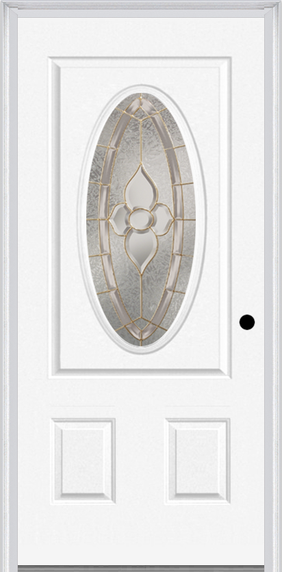 MMI Small Oval 2 Panel 6'8" Fiberglass Smooth Nouveau Nickel Or Nouveau Patina Decorative Glass Exterior Prehung Door 949