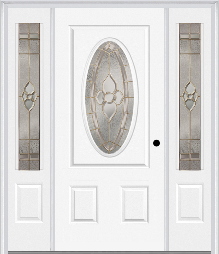 MMI SMALL OVAL 2 PANEL 6'8" FIBERGLASS SMOOTH NOUVEAU NICKEL OR NOUVEAU PATINA EXTERIOR PREHUNG DOOR WITH 2 NOUVEAU BRASS/NICKEL/PATINA 3/4 LITE DECORATIVE GLASS SIDELIGHTS 949